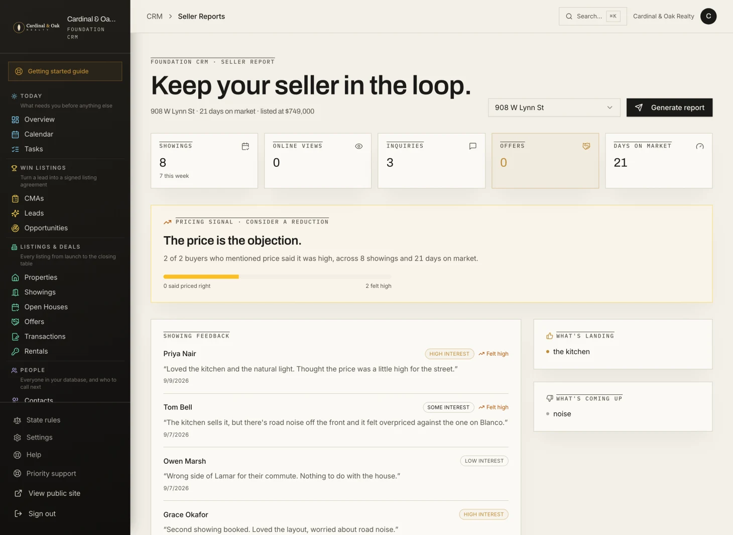 Seller report screen